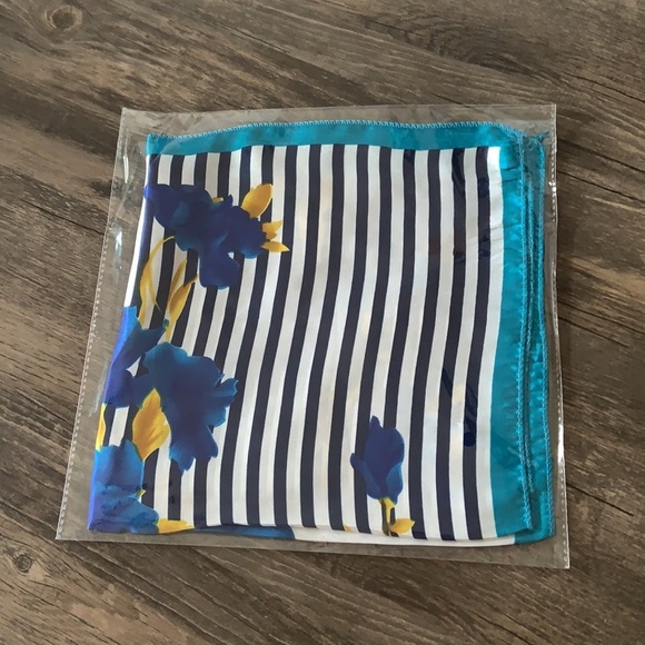 New Silky Satin Stripe Blue White Yellow Floral Square Neck Scarf - Picture 5 of 5